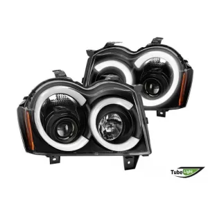 Tuning headlight set with LED lights suitable for Jeep Grand Cherokee 2005-2008 with black base, left and right