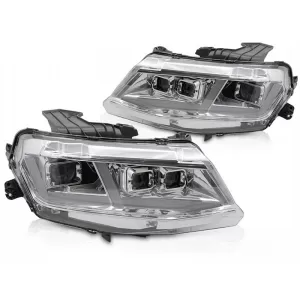 LED tuning headlight set suitable for Chevrolet Camaro 2016-2018 with chrome base, featuring dynamic turn signals, for the model with factory DRL lights, left and right