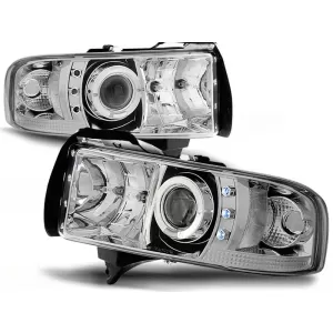 Tuning headlight set with halogen angel eyes suitable for Dodge RAM 1994-2001, left and right