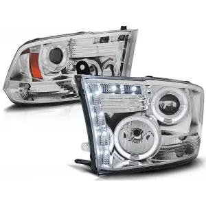 Tuning headlight set with halogen angel eyes and LED strip suitable for Dodge RAM 2009-2011, left and right