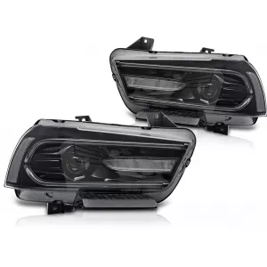 LED tuning headlight set suitable for Dodge Charger 2011-2015 with black base, featuring dynamic turn signals, for the model with factory DRL lights, left and right