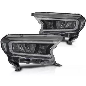 LED tuning headlight set suitable for Ford Ranger 2016-2022 with black base, featuring dynamic turn signals, for the model with factory DRL lights, left and right