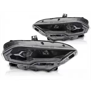 LED tuning headlight set suitable for Ford Mustang 2018-2021 with black base, featuring dynamic turn signals, for the model with factory DRL lights, with 