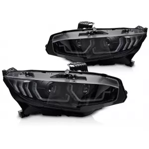 LED headlight set suitable for Honda Civic X 2016-2021 hatchback, sedan, coupe with black base, featuring dynamic turn signals, for the model with factory DRL lights, left and right