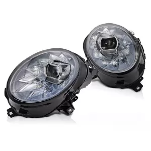 LED tuning headlight set suitable for Mini Cooper F54 Clubman 2015-2019, F55, F56 hatchback 2014-2021 with chrome base, for models with factory halogen lights, with dynamic indicators, with 