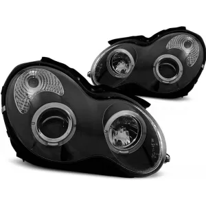 Tuning headlight set suitable for Mercedes C-Class W203 2000-2004, with black base, left and right