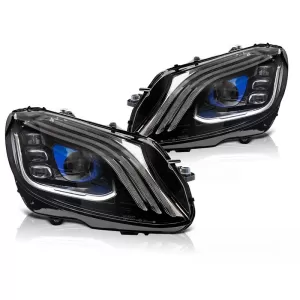 LED tuning headlight set suitable for Mercedes C-Class W205 sedan, S205 estate 2014-2021 with black base, featuring dynamic indicators, with 