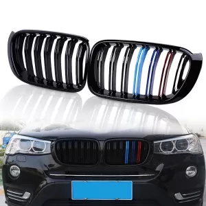 Front Grilles suitable for BMW X3 F25 LCI 14-17 / X4 F26 14-17 M4 Look with Double Grille Tri-Color Glossy Black with 7 Grilles 2 Pcs - CGRGB6037801