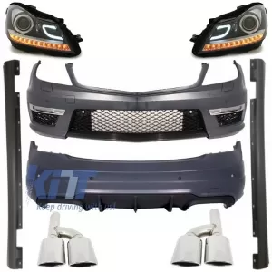 image-4-Komplett Body Kit MERCEDES C-osztály W204 C204 modellekhez, Facelift C63 Dizájn, kipufogóvégekkel és nappali menetfényes fényszórókkal