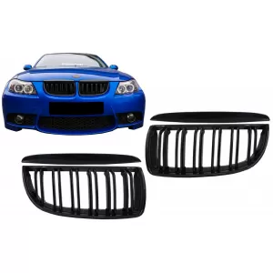 Front Kidney Grilles suitable for BMW 3 Series E90 E91 Pre-LCI (2005-2008) Double Stripe M Design Piano Black