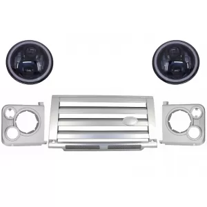 image-76-Középső hűtőrács és fényszóró keret szett Land Rover Defender 90 110 (1990-2016), Ezüst SVX Dizájn, 7 colos CREE LED fényszórókkal