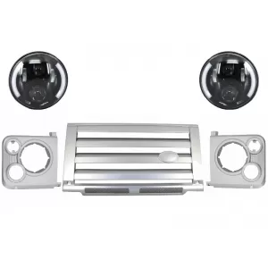 image-77-Középső hűtőrács és fényszóró keret szett Land Rover Defender 90 110 (1990-2016), Ezüst SVX Dizájn, 7 colos CREE LED fényszórókkal, fekete