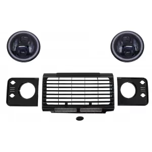 image-79-Középső hűtőrács és fényszóró keret szett Land Rover Defender 90 110 (1990-2016), fekete SVX Dizájn, 7 colos CREE LED fényszórókkal