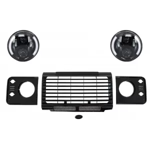 image-0-Középső hűtőrács és fényszóró keret szett Land Rover Defender 90 110 (1990-2016), Ezüst SVX Dizájn, 7 colos CREE LED fényszórókkal