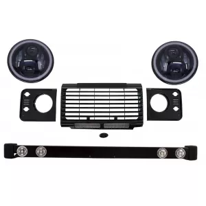 image-2-Első lökhárító, hűtőrács és fedelek Land Rover Defender 90 110 (1990-2016) modellekhez, Fekete, SVX Design, 7 hüvelykes CREE LED fényszórók Angel Eye DRL