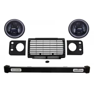 image-3-Első lökhárító, hűtőrács és fedelek Land Rover Defender 90 110 (1990-2016) modellekhez, Fekete, SVX Design, 7 hüvelykes CREE LED fényszórók Angel Eye DRL