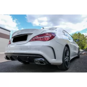 Hátsó lökhárító diffúzor kipufogóvégekkel, króm, Mercedes W117 CLA (2013-2018), Facelift CLA45 dizájn, szénszálas kinézet, AMG lökhárítóhoz-image-6072946