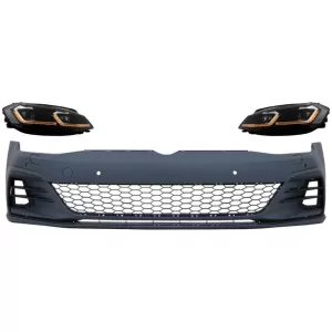 image-31-Első lökhárító hűtőráccsal és LED ködlámpával VW Golf VII 7.5 (2017-Up), LED fényszórókkal és dinamikus irányjelzőkkel, GTI kinézet, kompatibilis: VW Golf VII Facelift 7.5 (2017-Up) halogén fényszóróval