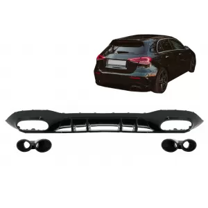Rear Bumper Valance Diffuser suitable for Mercedes A-Class W177 Hatchback (2018-Up) Black Exhaust Muffler Tips