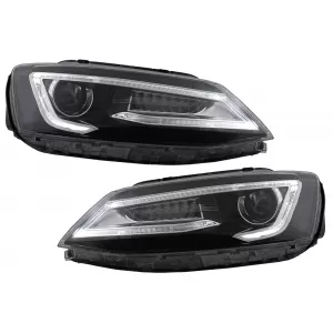 image-2-Fényszóró LED nappali menetfénnyel, dupla lencsés, VW Jetta Mk6 VI (2011-2017), RHD, Bi-Xenon Dizájn, dinamikus irányjelző, fekete