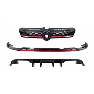 image-49-Első lökhárító spoiler, jelvény nélküli hűtőráccsal és hátsó diffúzorral VW Golf 7.5 Facelift (2017-2020) modellekhez, zongorafekete/piros