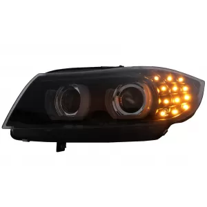 3D Angel Eyes LED DRL Xenon Headlights suitable for BMW 3 Series E90 E91 LCI (2008-2011) Black
