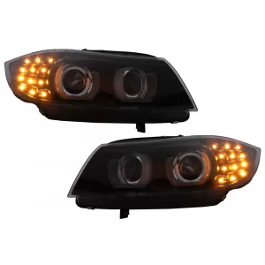 3D Angel Eyes LED DRL Xenon Headlights suitable for BMW 3 Series E90 E91 LCI (2008-2011) Black