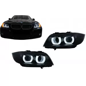 3D Angel Eyes LED DRL Xenon Headlights suitable for BMW 3 Series E90 E91 LCI (2008-2011) Black