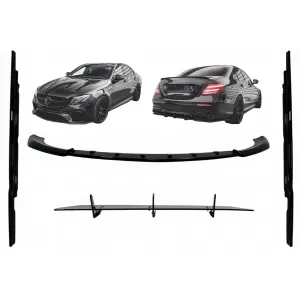 Aero Body Kit Front Bumper Lip Diffuser and Side Skirts Extensions suitable for Mercedes E-Class E63 W213 S213 (2016-2019) Piano Black