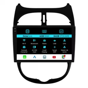 Navigation for Peugeot 206, (2001-2008), 9 Inch, 4Gb Ram, 64Gb Storage, Carplay