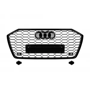 image-21-Fekete lakk RS6 típusú hűtőrács Audi A6 2018-tól, normál vagy S-line első lökhárítóhöz, emblématartóval, PDC nyílásokkal