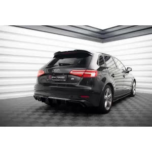 Maxton Design Diffusor geeignet für den Heckstoßfänger des Audi A3 Sportback 8V 2016-2020, mit einfacher Auspuffanlage, schwarz lackiert-image-6140117