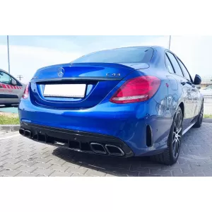 C63-Typ Diffusor mit schwarzen Endrohren geeignet für den hinteren A Design Stoßfänger an Mercedes C-Klasse W205 Limousine, S205 Kombi 2014-2020 -oo--oo-, mit schwarzem Zierleisten-image-6148687