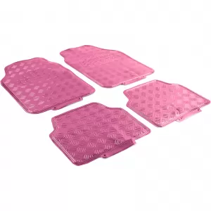 Car Rubber Floor Mat Set 4pcs Aluminum Checker Plate Look Universal Chrome Pink
