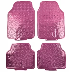Car Rubber Floor Mat Set 4pcs Aluminum Checker Plate Look Universal Chrome Pink