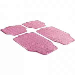Car Rubber Floor Mat Set 4pcs Aluminum Checker Plate Look Universal Chrome Pink