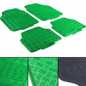 Car Rubber Floor Mat Set 4pcs Aluminum Checker Plate Look Universal Chrome Green