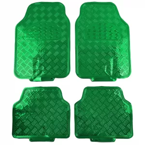Car Rubber Floor Mat Set 4pcs Aluminum Checker Plate Look Universal Chrome Green