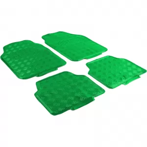 Car Rubber Floor Mat Set 4pcs Aluminum Checker Plate Look Universal Chrome Green