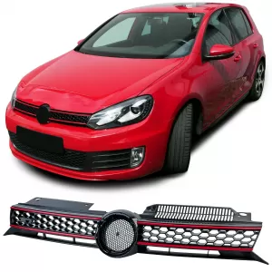 Radiator grille black gloss with red strips suitable for VW Golf 6 including GTI 08-13