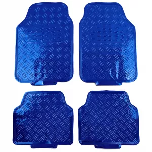 Car Rubber Floor Mat Set 4pcs Aluminum Checker Plate Look Universal Chrome Blue-image-6190948