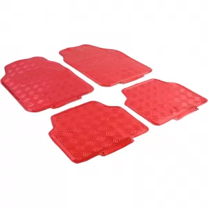 Car Rubber Floor Mat Set 4pcs Aluminum Checker Plate Look Universal Chrome Red