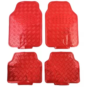 Car Rubber Floor Mat Set 4pcs Aluminum Checker Plate Look Universal Chrome Red