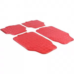 Car Rubber Floor Mat Set 4pcs Aluminum Checker Plate Look Universal Chrome Red