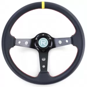 Dish-shaped sports steering wheel leather black with yellow 12 o'clock marking, Ø 350 mm