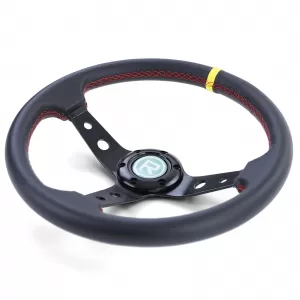 Dish-shaped sports steering wheel leather black with yellow 12 o'clock marking, Ø 350 mm