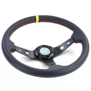 Dish-shaped sports steering wheel leather black with yellow 12 o'clock marking, Ø 350 mm