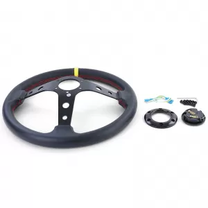 Dish-shaped sports steering wheel leather black with yellow 12 o'clock marking, Ø 350 mm