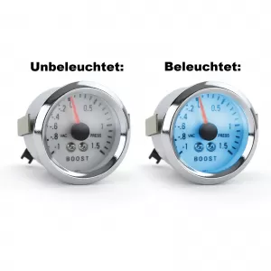 Boost pressure gauge additional installation instrument 52mm chrome plasma blue illuminated