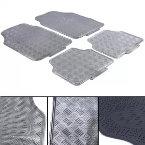 Car Rubber Floor Mat Set 4pcs Aluminum Checker Plate Look Universal Chrome Carbon